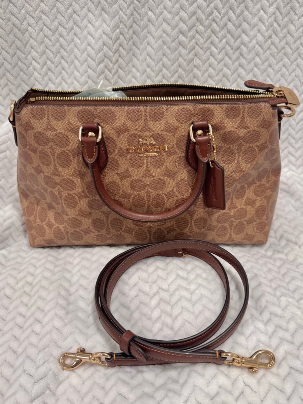 Coach Tan/Brown Signature Satchel with Detachable Strap